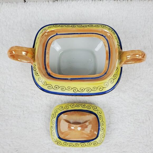 Lusterware Ceramic Floral Sugar Bowl with Lid Yellow Tan - Picture 4 of 6